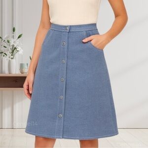 Vintage 70s Chambray Double Knit A-Line Button Front Midi Skirt Boho Prairie M